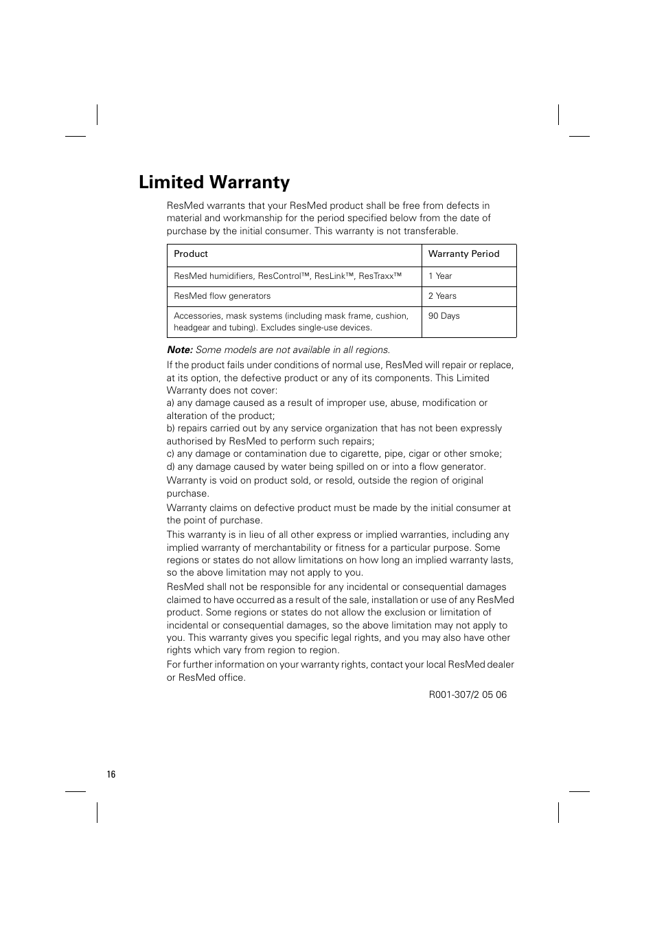 Limited warranty | ResMed Positive Airway Pressure Device S8 User Manual | Page 18 / 20