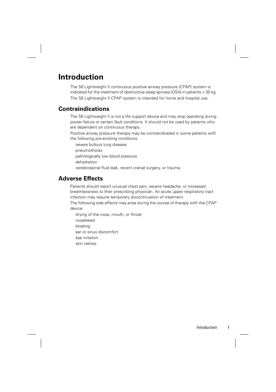 Introduction, Contraindications, Adverse effects | ResMed Positive Airway Pressure Device S8 User Manual | Page 3 / 20