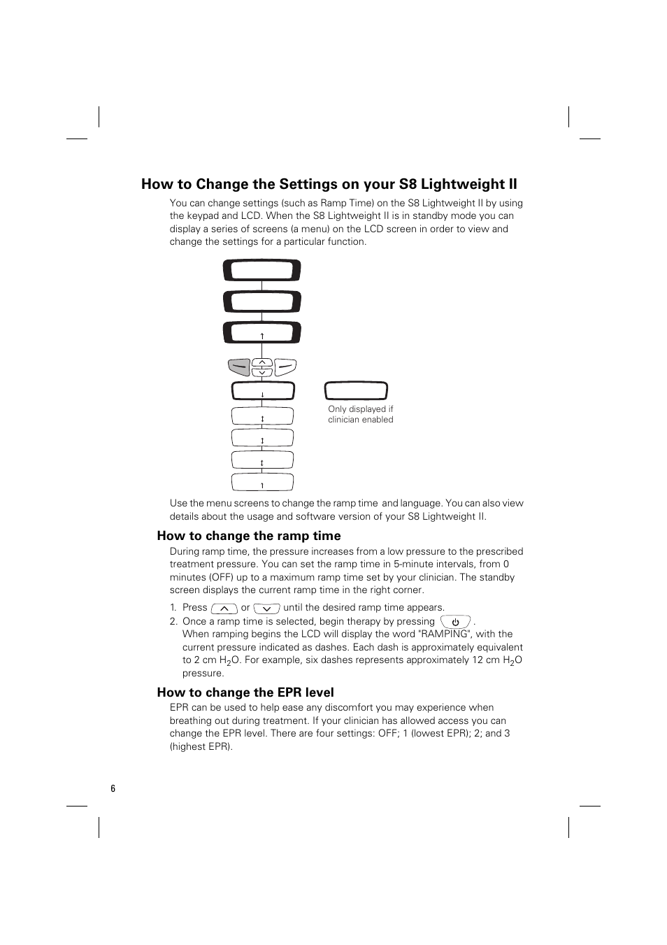 How to change the ramp time, How to change the epr level | ResMed Positive Airway Pressure Device S8 User Manual | Page 8 / 20