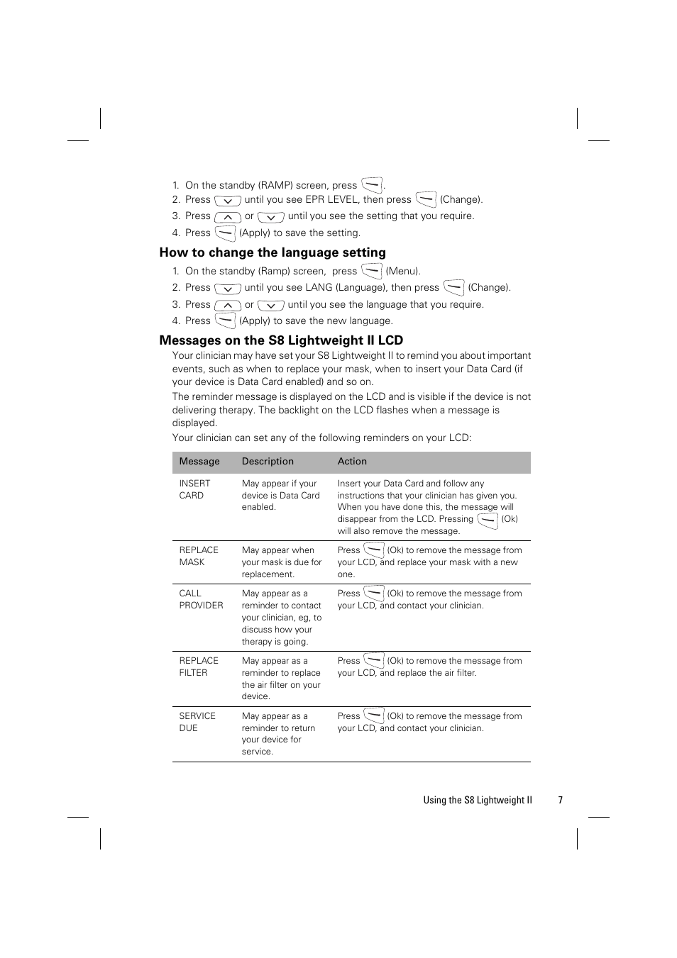 How to change the language setting, Messages on the s8 lightweight ii lcd | ResMed Positive Airway Pressure Device S8 User Manual | Page 9 / 20