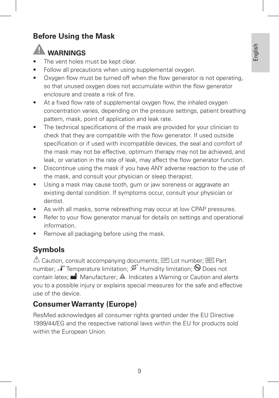 Before using the mask, Symbols, Consumer warranty (europe) | ResMed Mirage Activa LT User Manual | Page 10 / 12