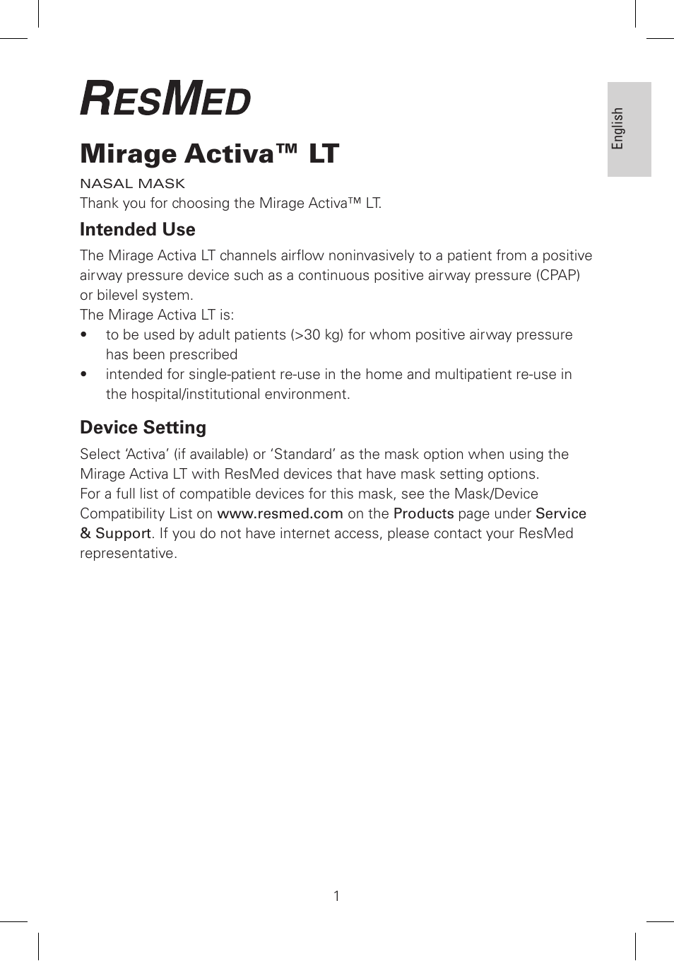 Mirage activa™ lt | ResMed Mirage Activa LT User Manual | Page 2 / 12