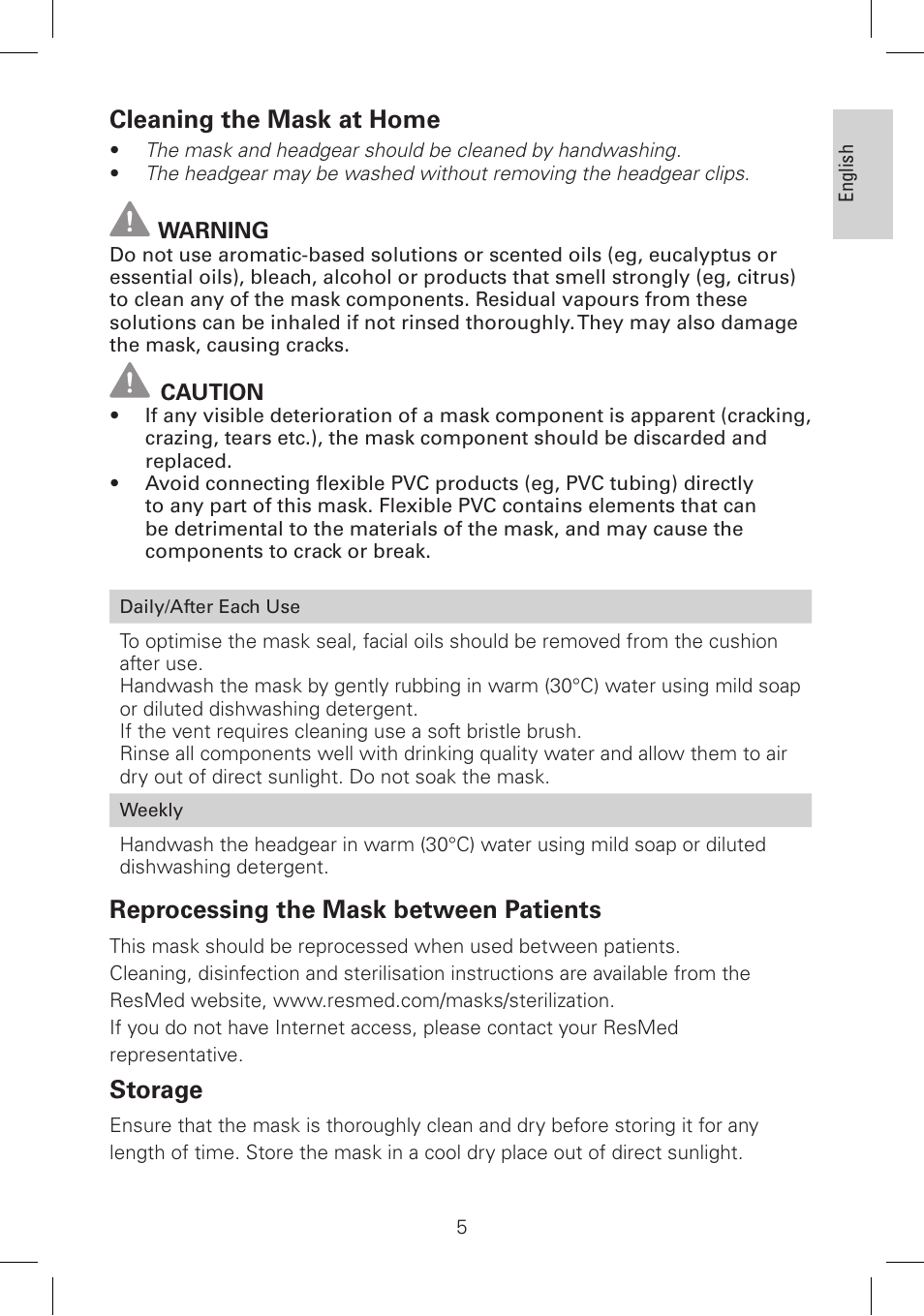 Cleaning the mask at home, Reprocessing the mask between patients, Storage | ResMed Mirage Activa LT User Manual | Page 6 / 12