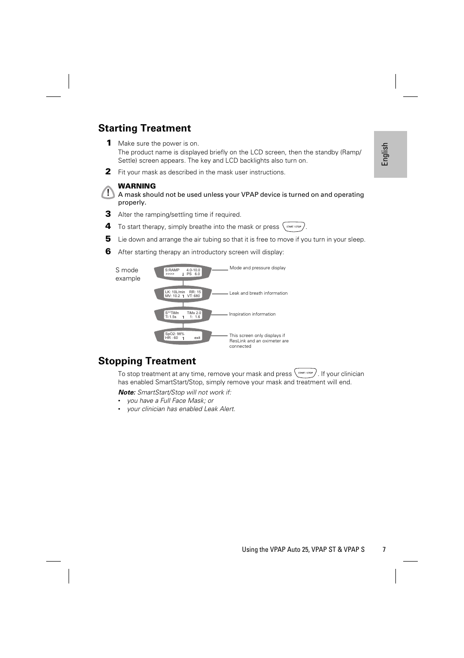 Starting treatment, Stopping treatment | ResMed VPAP AUTO 25 User Manual | Page 10 / 22