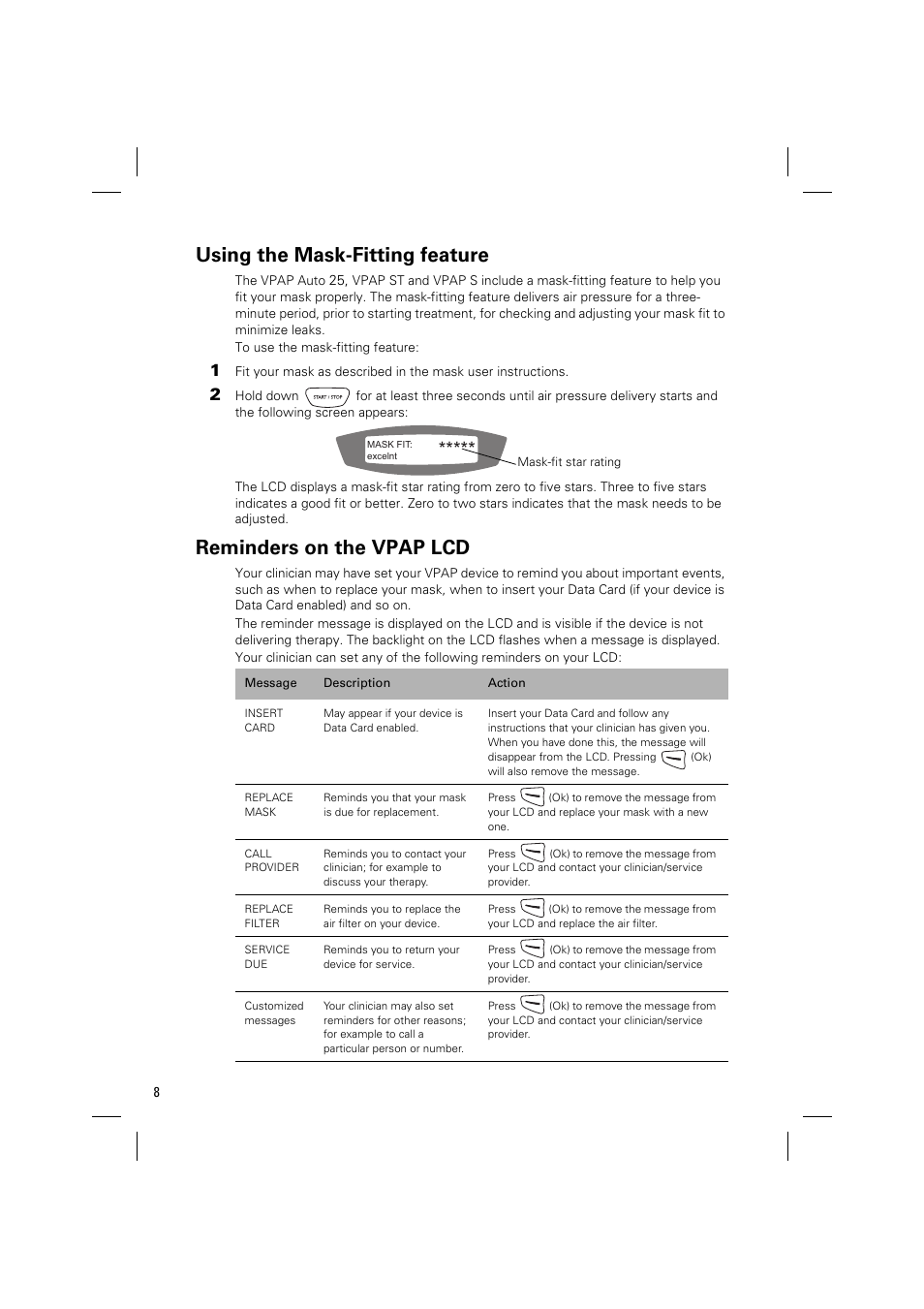 Using the mask-fitting feature, Reminders on the vpap lcd | ResMed VPAP AUTO 25 User Manual | Page 11 / 22