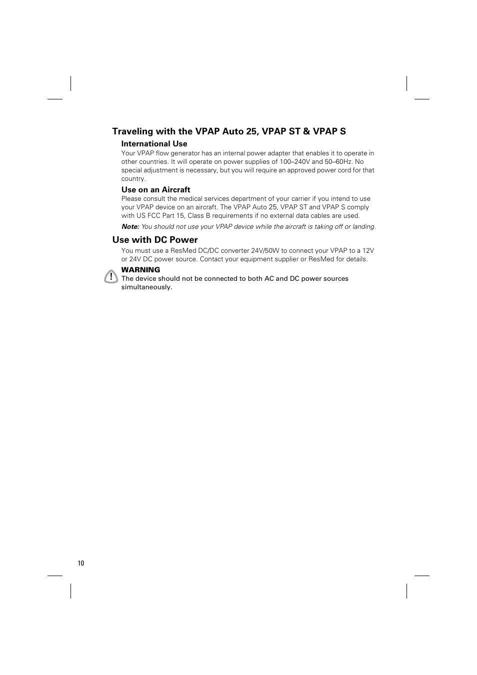 International use, Use on an aircraft, Traveling with the vpap auto 25, vpap st & vpap s | Use with dc power | ResMed VPAP AUTO 25 User Manual | Page 13 / 22