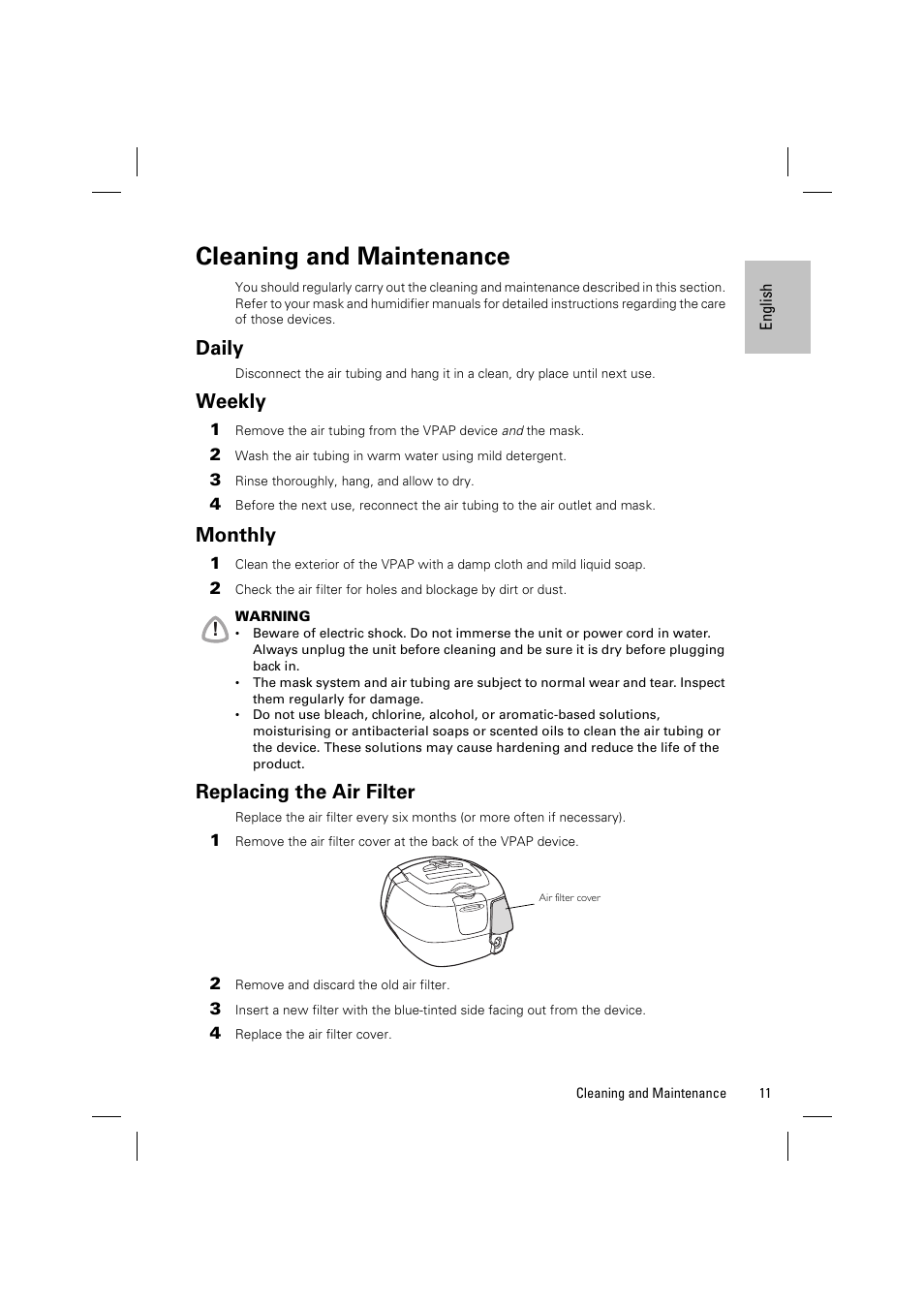 Cleaning and maintenance, Daily, Weekly | Monthly, Replacing the air filter | ResMed VPAP AUTO 25 User Manual | Page 14 / 22