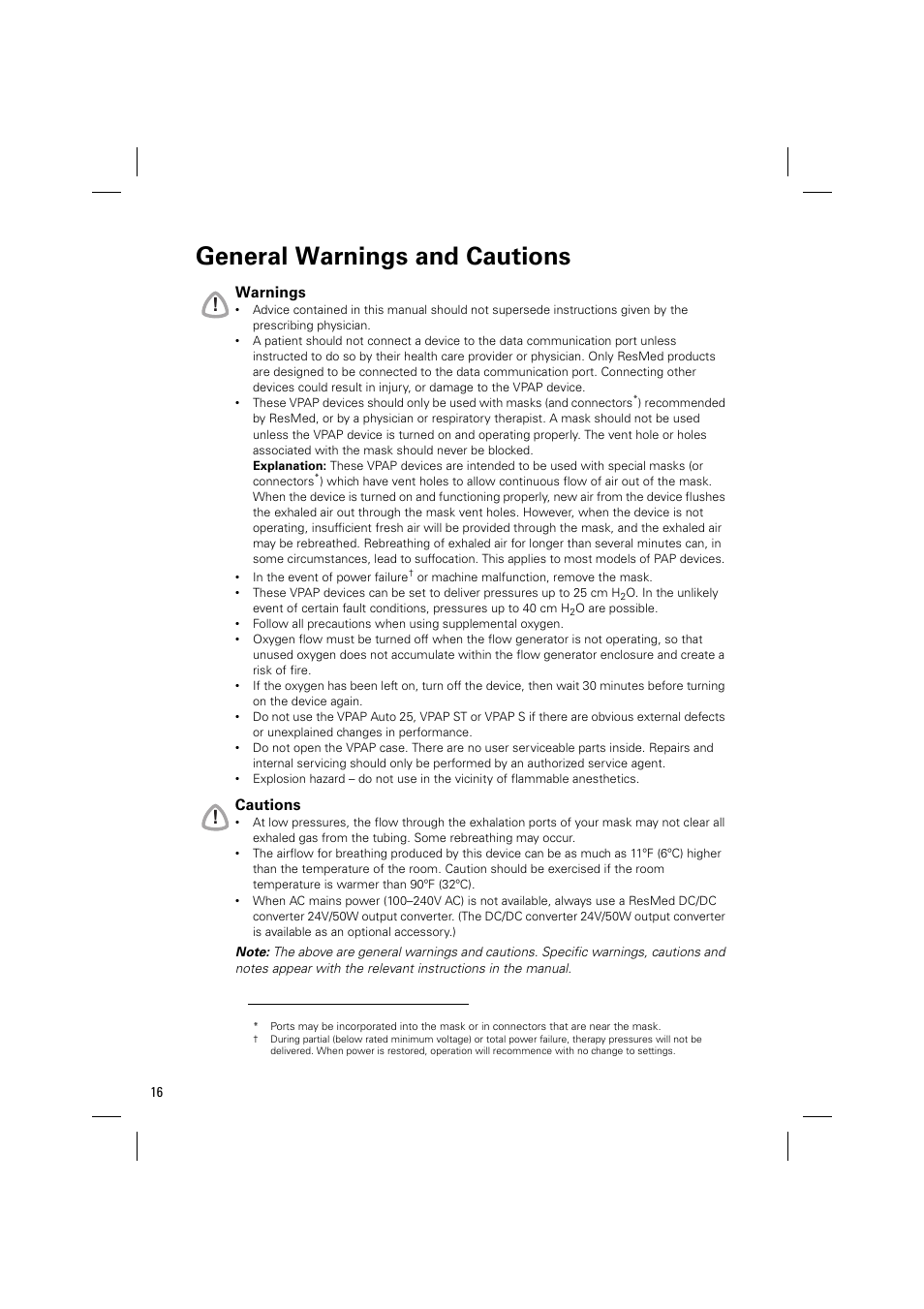 General warnings and cautions, Warnings, Cautions | ResMed VPAP AUTO 25 User Manual | Page 19 / 22