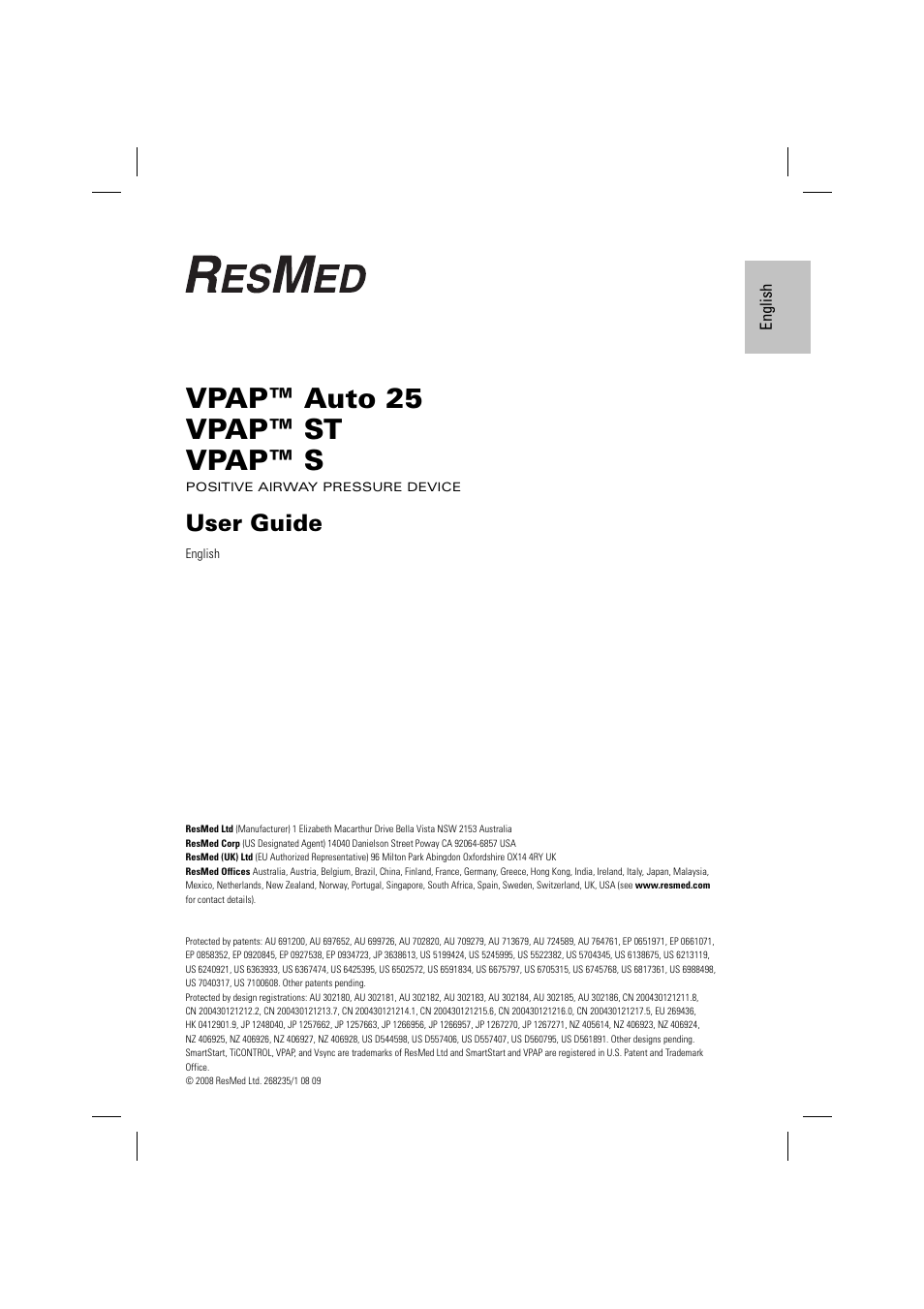 Vpap auto 25 vpap st vpap s user guide, Vpap™ auto 25 vpap™ st vpap™ s, User guide | ResMed VPAP AUTO 25 User Manual | Page 2 / 22