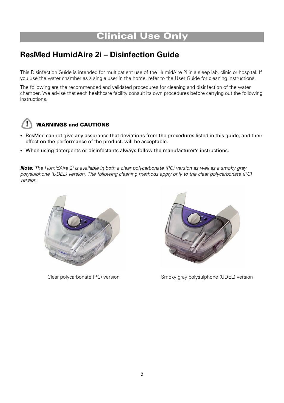 Clinical use only, Resmed humidaire 2i – disinfection guide | ResMed HumidAire 2i User Manual | Page 2 / 8