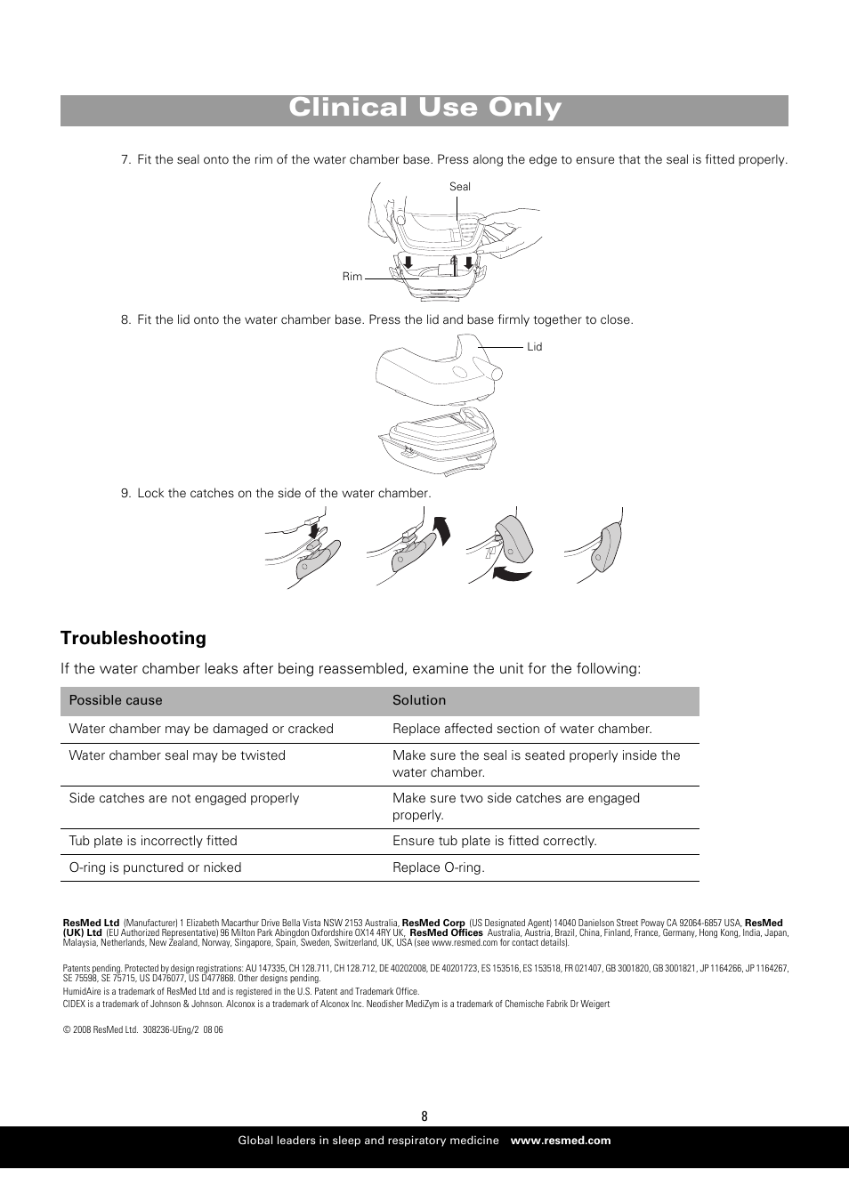 Clinical use only, Troubleshooting | ResMed HumidAire 2i User Manual | Page 8 / 8