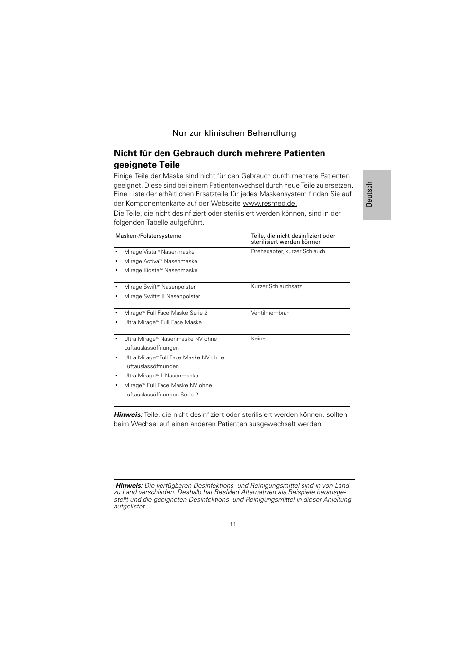 Nur zur klinischen behandlung, De utsch | ResMed Non-Vented Full Face Mask Mirage Series 2 User Manual | Page 12 / 44