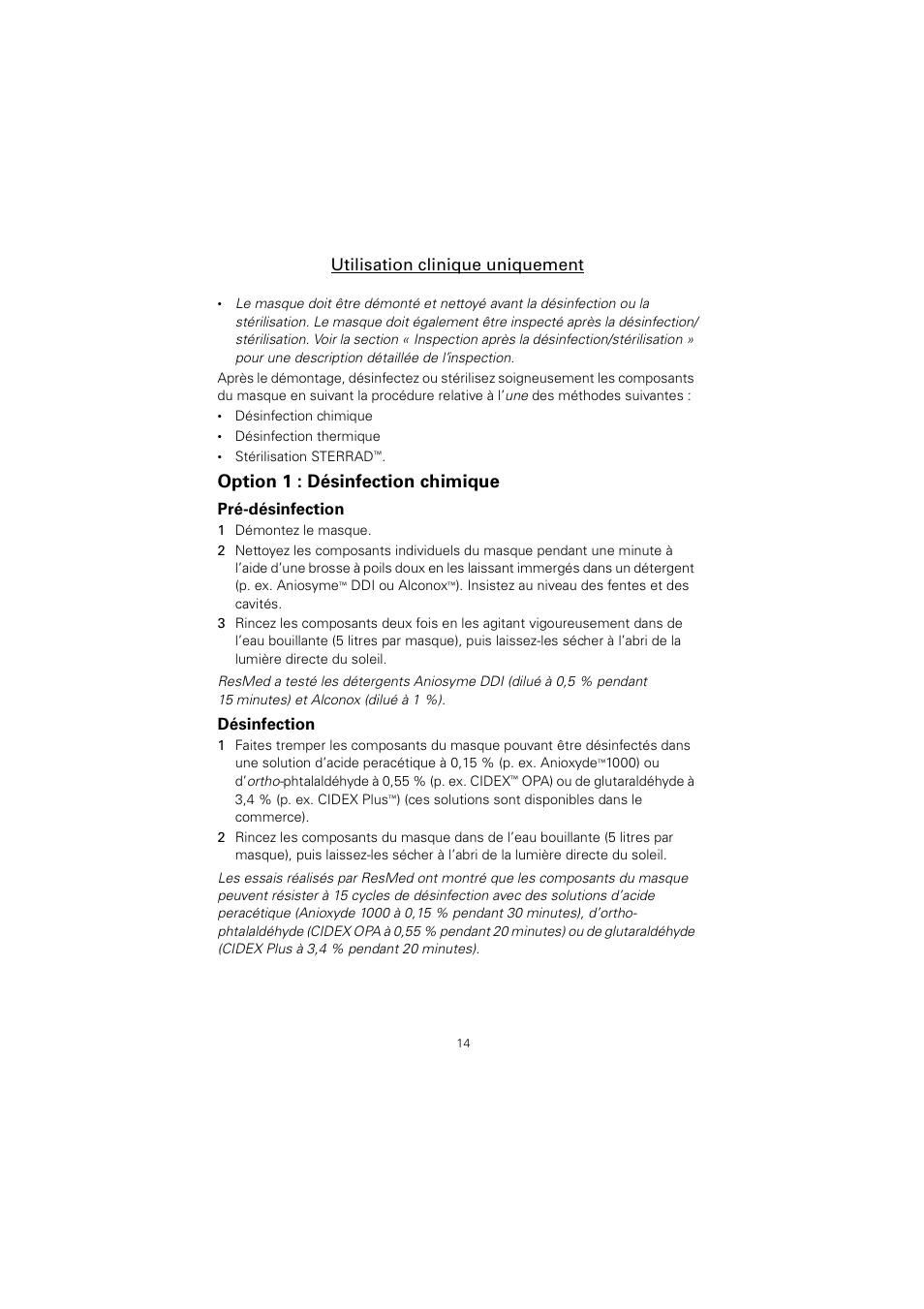 Option 1 : désinfection chimique, Utilisation clinique uniquement | ResMed Non-Vented Full Face Mask Mirage Series 2 User Manual | Page 15 / 44