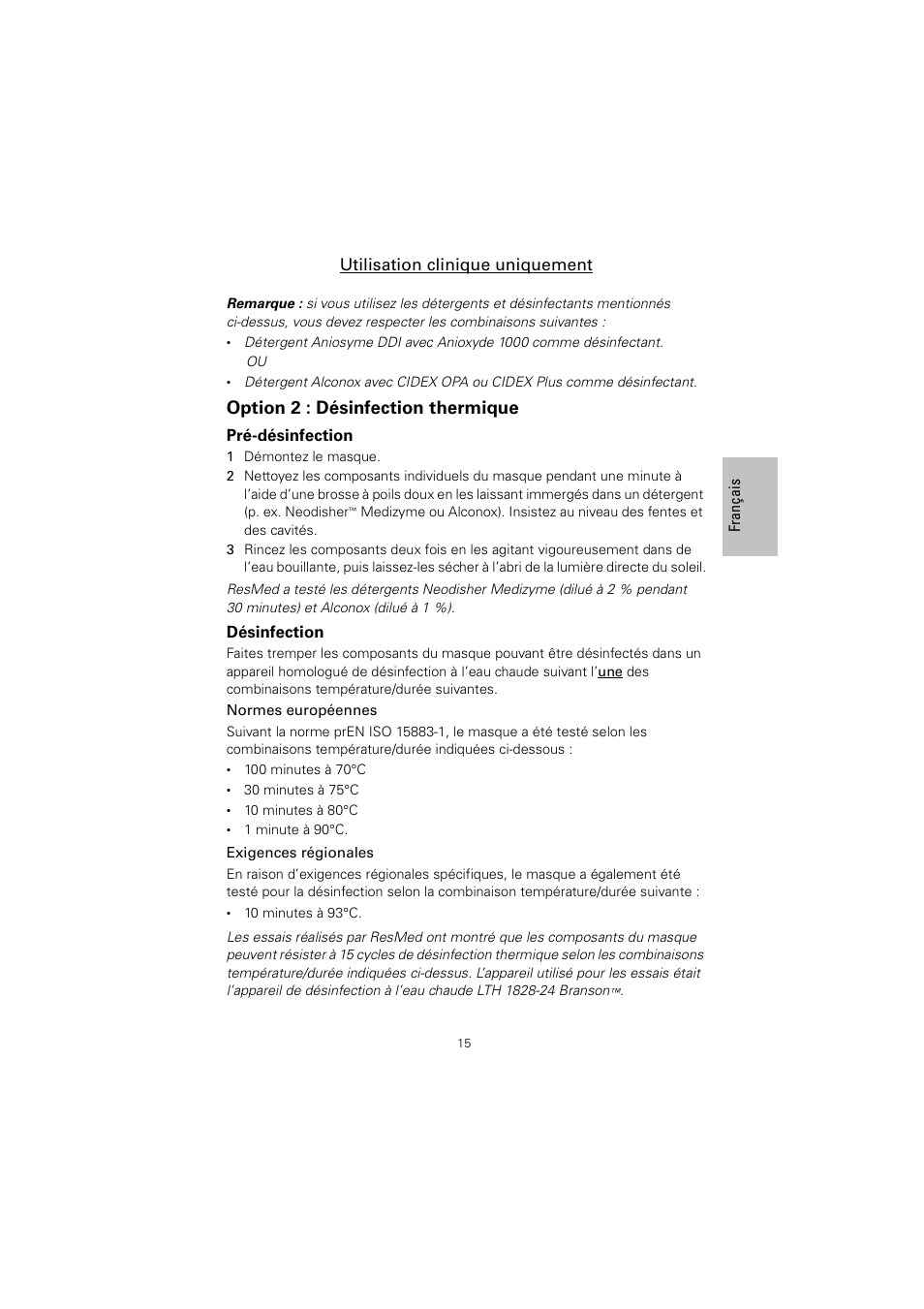 Option 2 : désinfection thermique | ResMed Non-Vented Full Face Mask Mirage Series 2 User Manual | Page 16 / 44