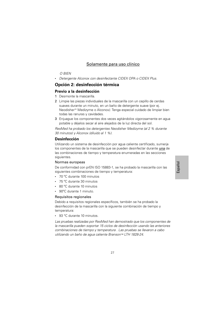 Opción 2: desinfección térmica | ResMed Non-Vented Full Face Mask Mirage Series 2 User Manual | Page 28 / 44