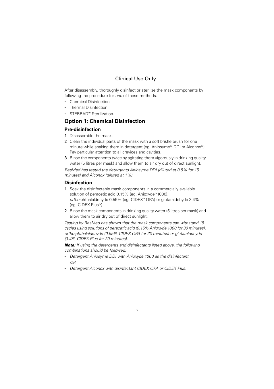 Option 1: chemical disinfection, Clinical use only | ResMed Non-Vented Full Face Mask Mirage Series 2 User Manual | Page 3 / 44