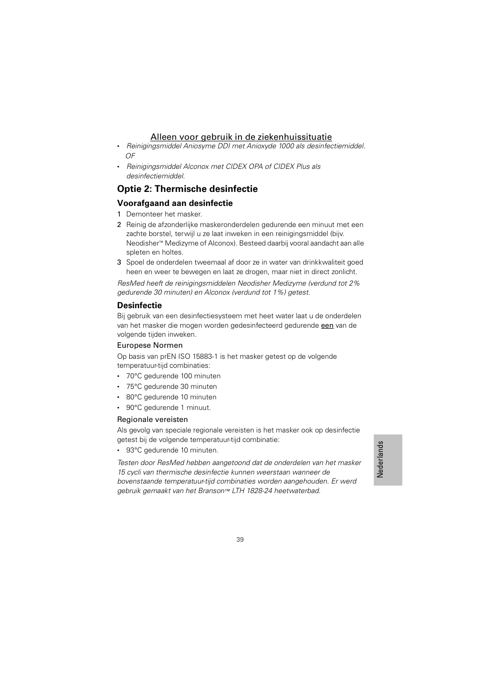 Optie 2: thermische desinfectie | ResMed Non-Vented Full Face Mask Mirage Series 2 User Manual | Page 40 / 44