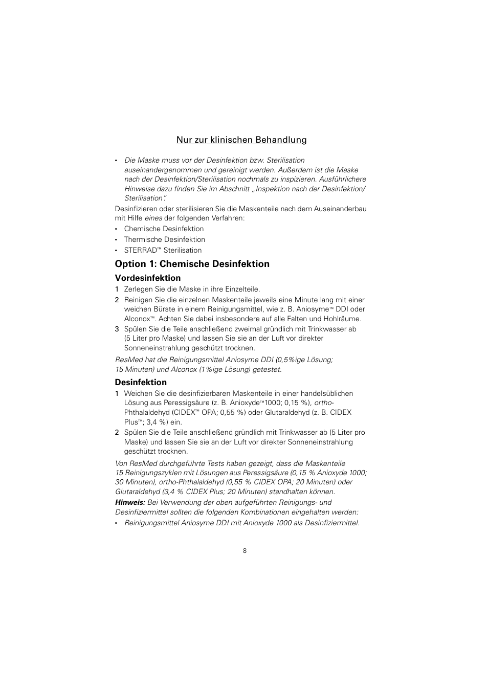 Option 1: chemische desinfektion, Nur zur klinischen behandlung | ResMed Non-Vented Full Face Mask Mirage Series 2 User Manual | Page 9 / 44