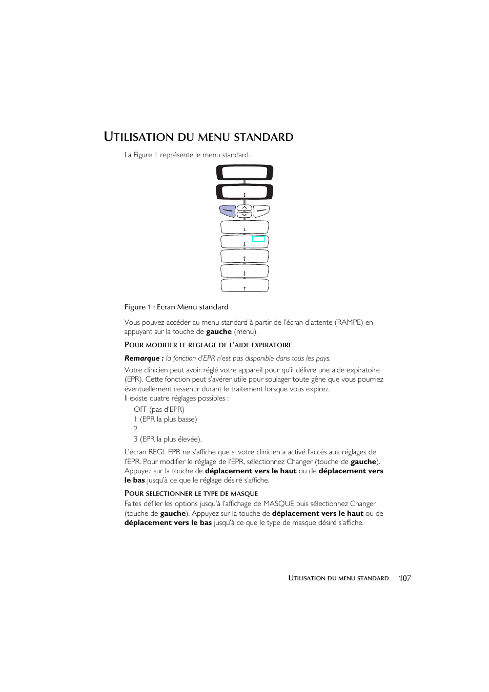 Tilisation, Menu, Standard | ResMed Flow Generator S8 Elite System User Manual | Page 111 / 314