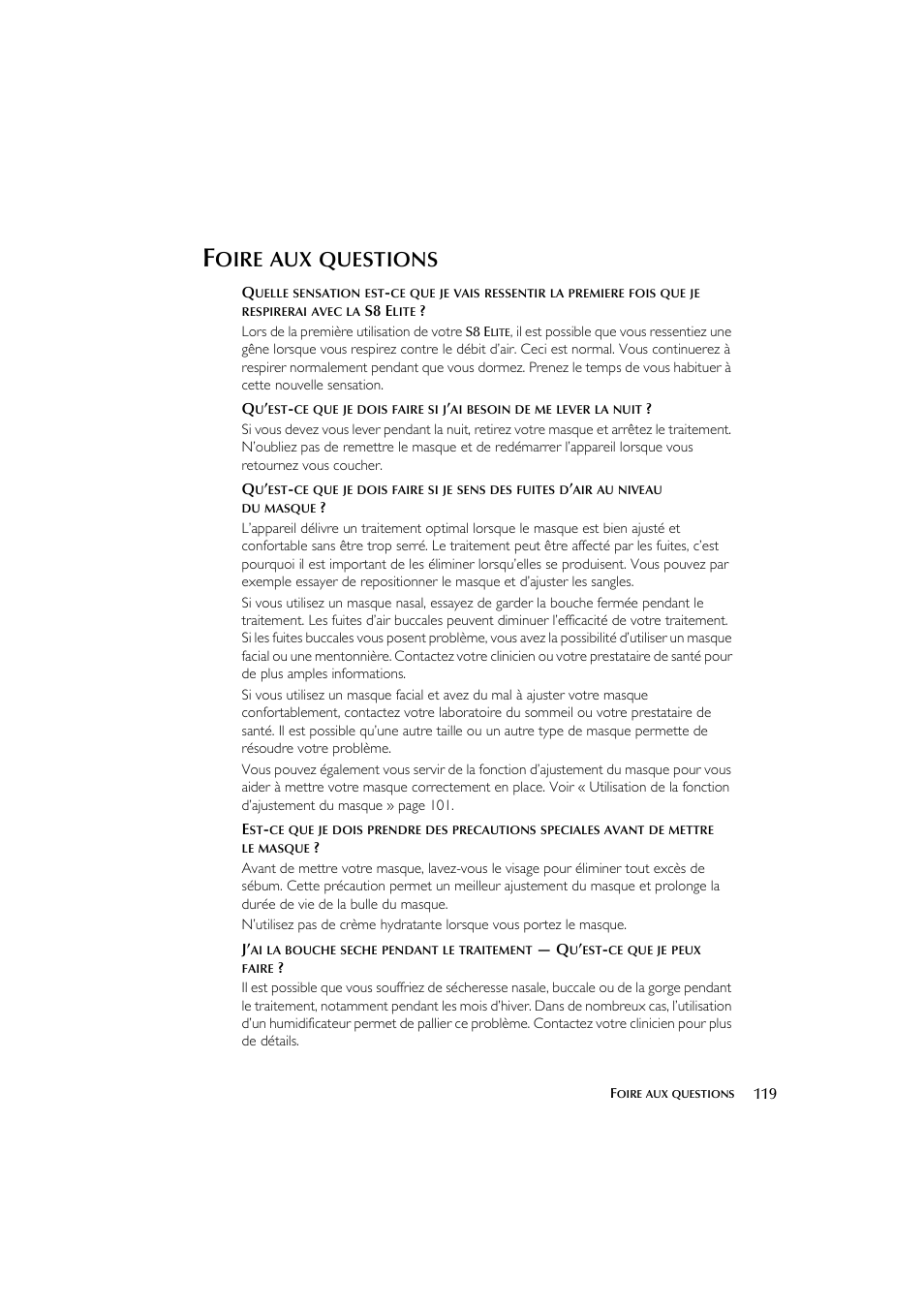 Oire, Questions | ResMed Flow Generator S8 Elite System User Manual | Page 123 / 314