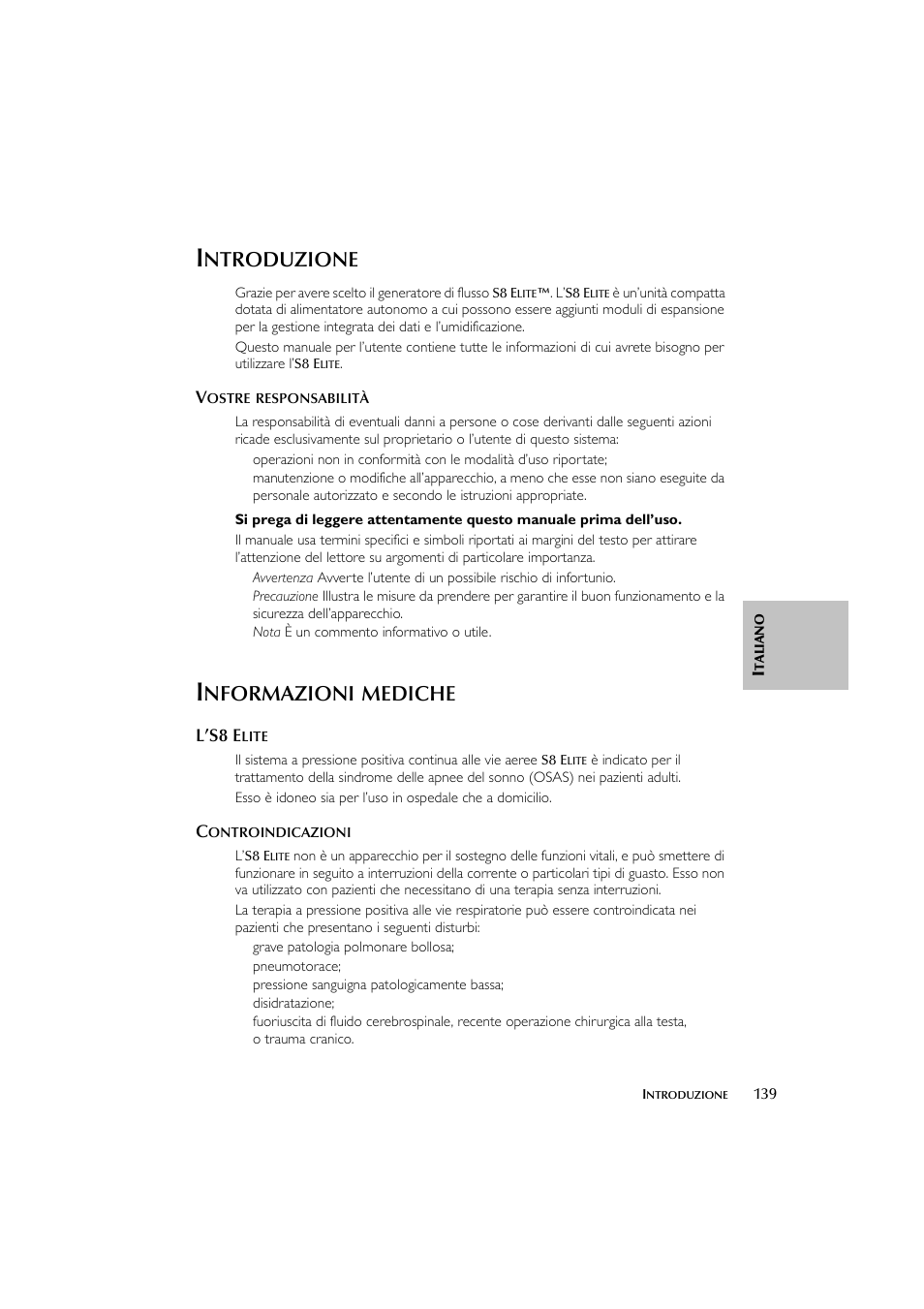 Ntroduzione, Nformazioni, Mediche | ResMed Flow Generator S8 Elite System User Manual | Page 143 / 314