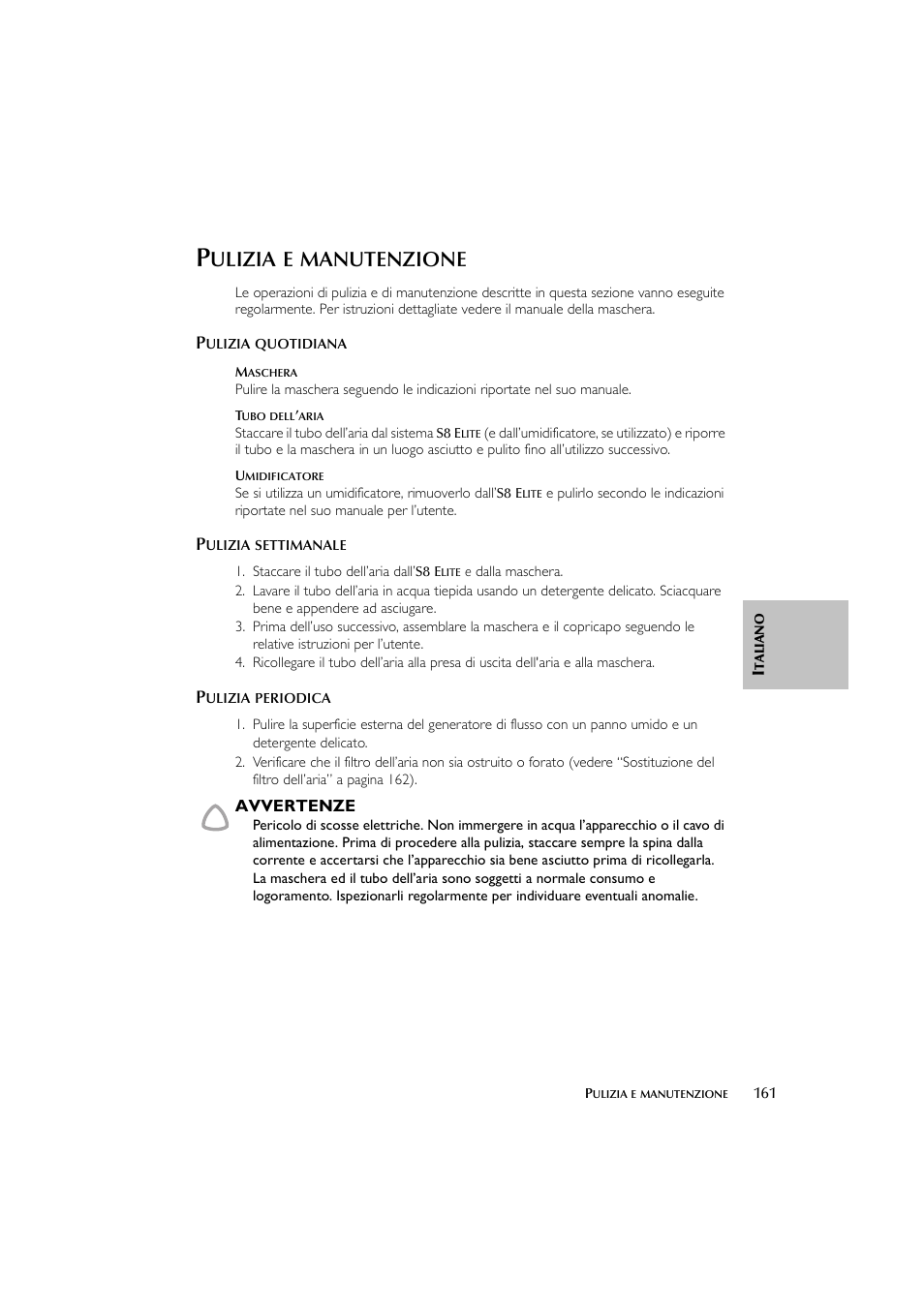Ulizia, Manutenzione | ResMed Flow Generator S8 Elite System User Manual | Page 165 / 314