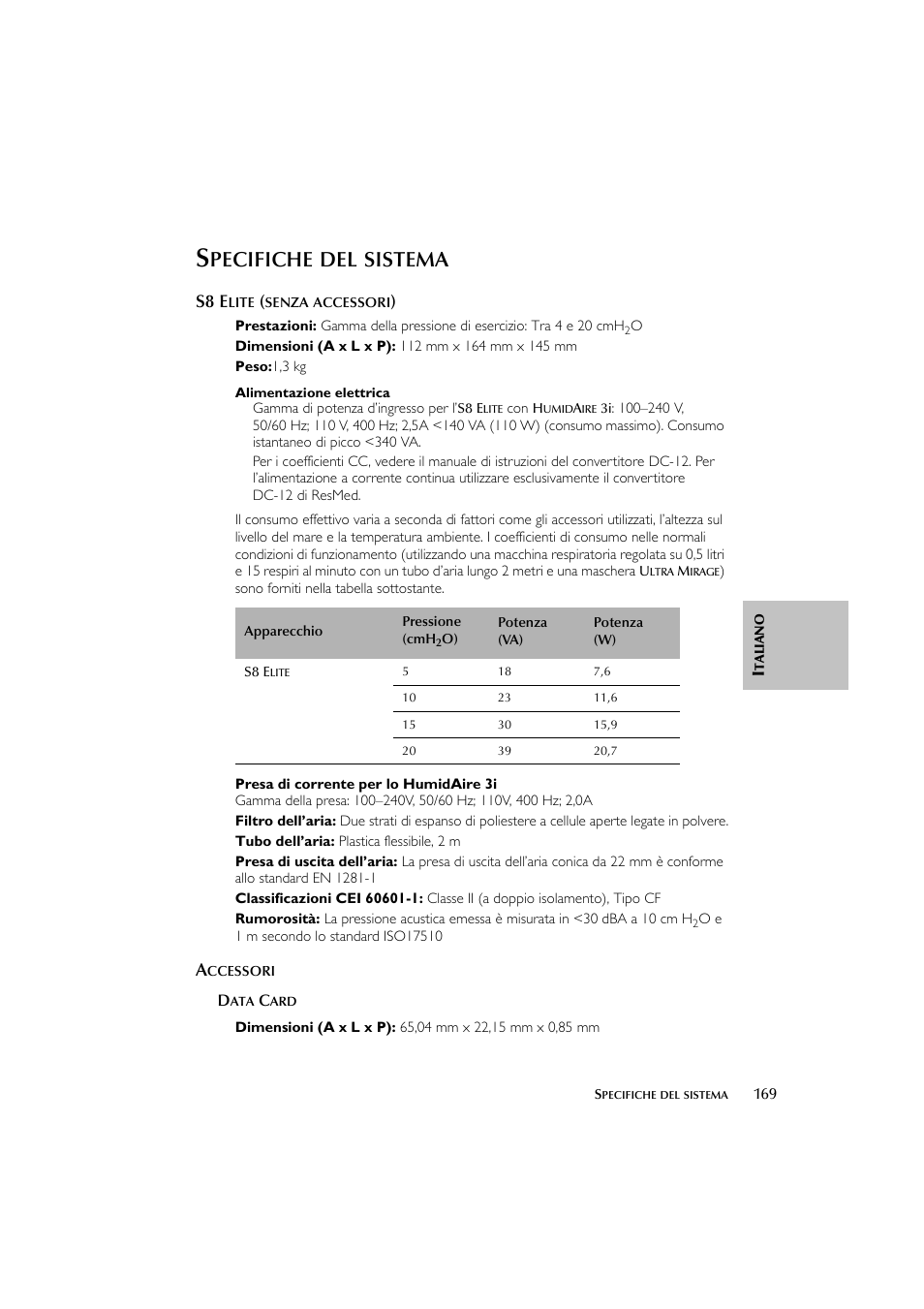Pecifiche, Sistema, S8 e | ResMed Flow Generator S8 Elite System User Manual | Page 173 / 314
