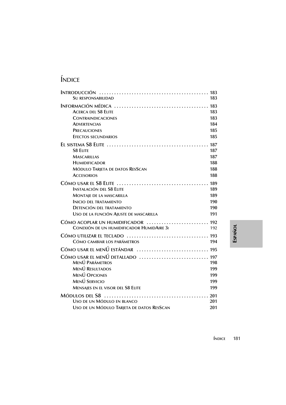 Ndice, S8 e | ResMed Flow Generator S8 Elite System User Manual | Page 185 / 314