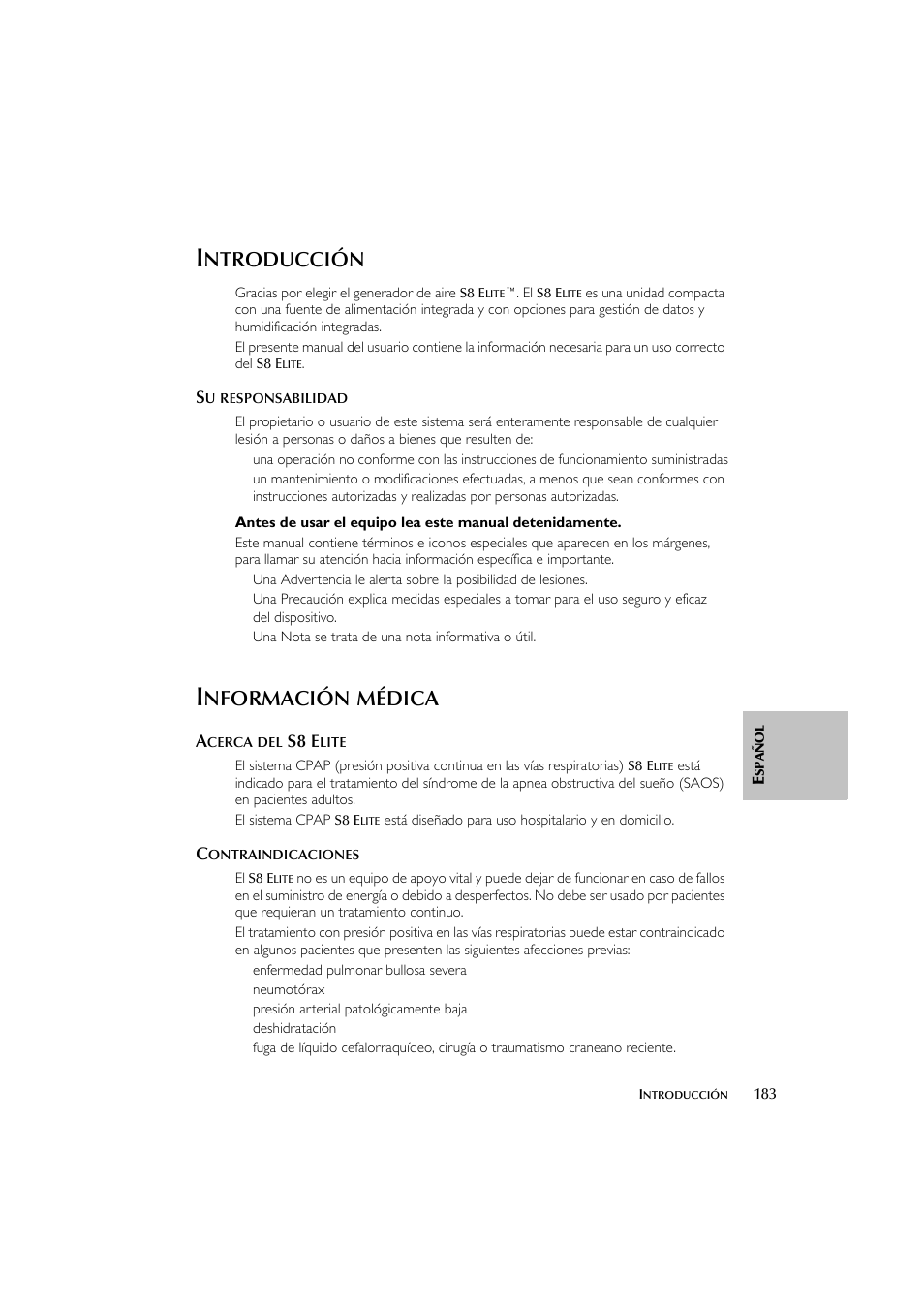 Ntroducción, Nformación, Médica | ResMed Flow Generator S8 Elite System User Manual | Page 187 / 314