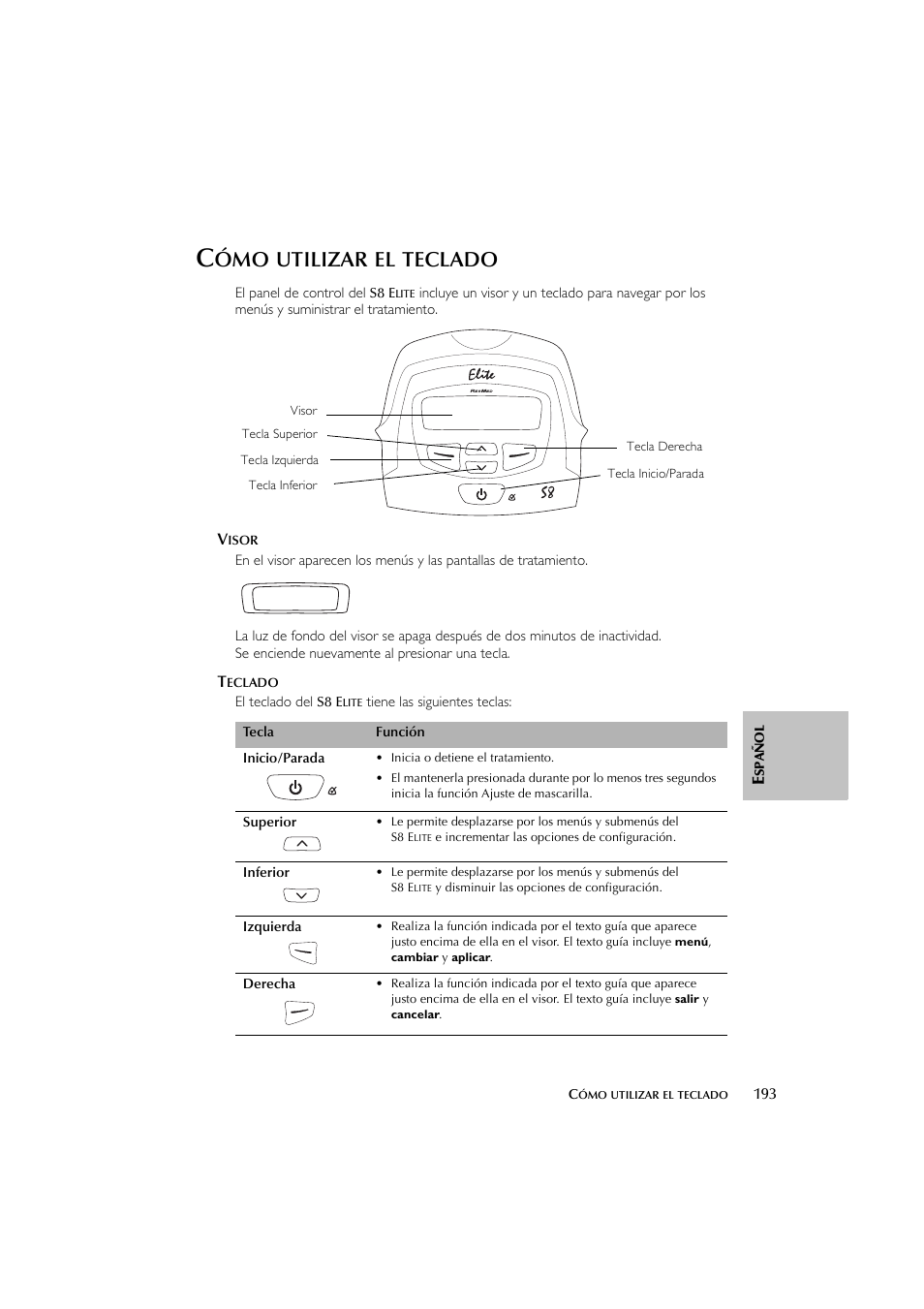 Utilizar, Teclado | ResMed Flow Generator S8 Elite System User Manual | Page 197 / 314