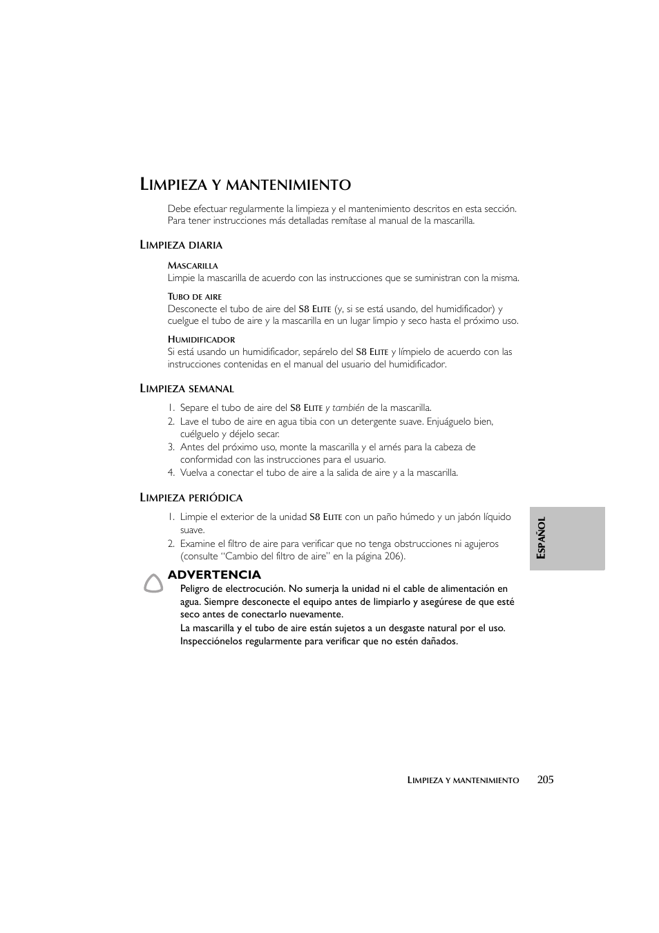Impieza, Mantenimiento | ResMed Flow Generator S8 Elite System User Manual | Page 209 / 314