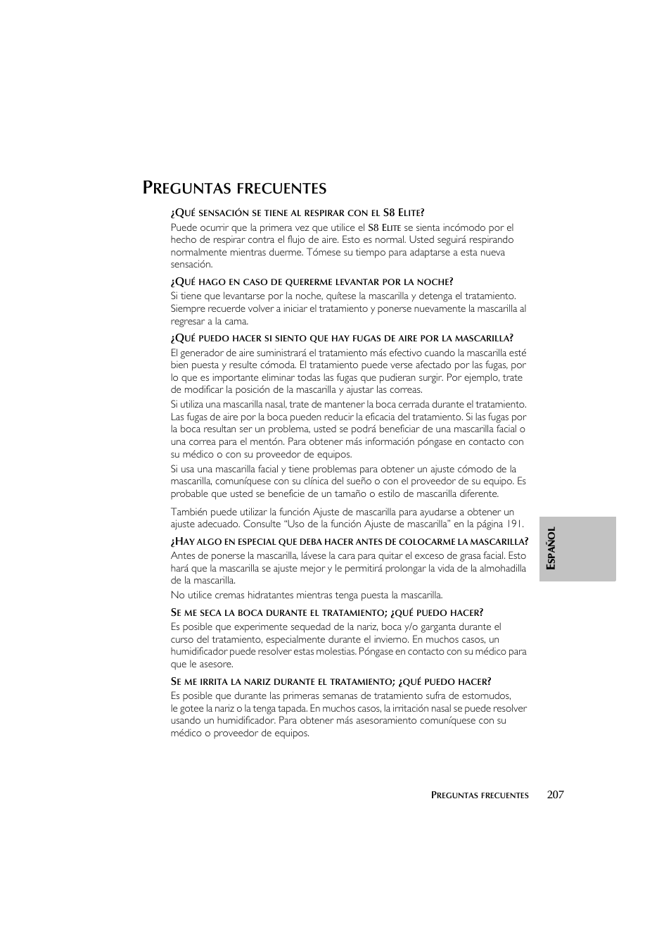 Reguntas, Frecuentes | ResMed Flow Generator S8 Elite System User Manual | Page 211 / 314