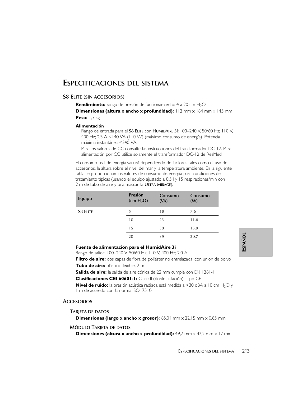 Specificaciones, Sistema, S8 e | ResMed Flow Generator S8 Elite System User Manual | Page 217 / 314