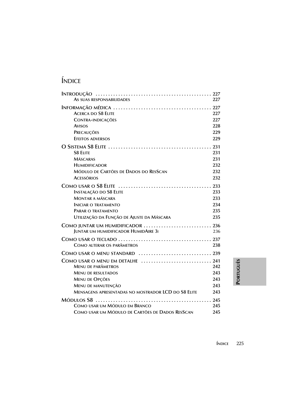 Ndice, S8 e | ResMed Flow Generator S8 Elite System User Manual | Page 229 / 314