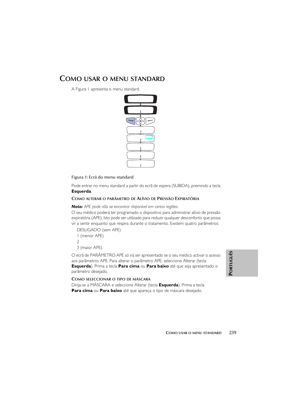 Usar, Menu, Standard | ResMed Flow Generator S8 Elite System User Manual | Page 243 / 314