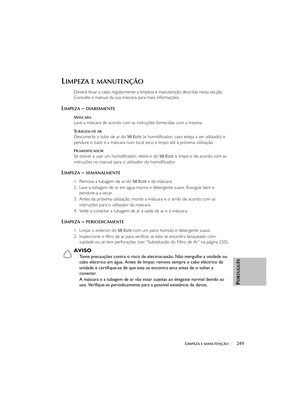 Impeza, Manutenção | ResMed Flow Generator S8 Elite System User Manual | Page 253 / 314