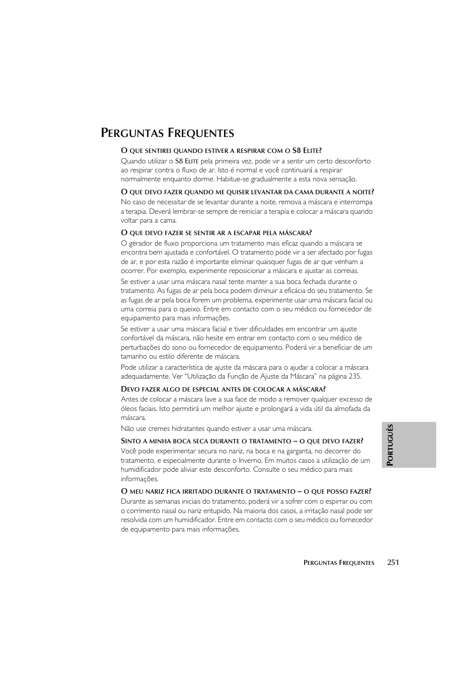 Erguntas, Requentes | ResMed Flow Generator S8 Elite System User Manual | Page 255 / 314