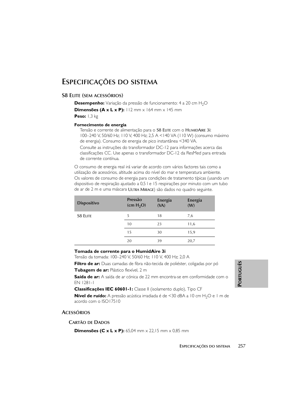 Specificações, Sistema, S8 e | ResMed Flow Generator S8 Elite System User Manual | Page 261 / 314