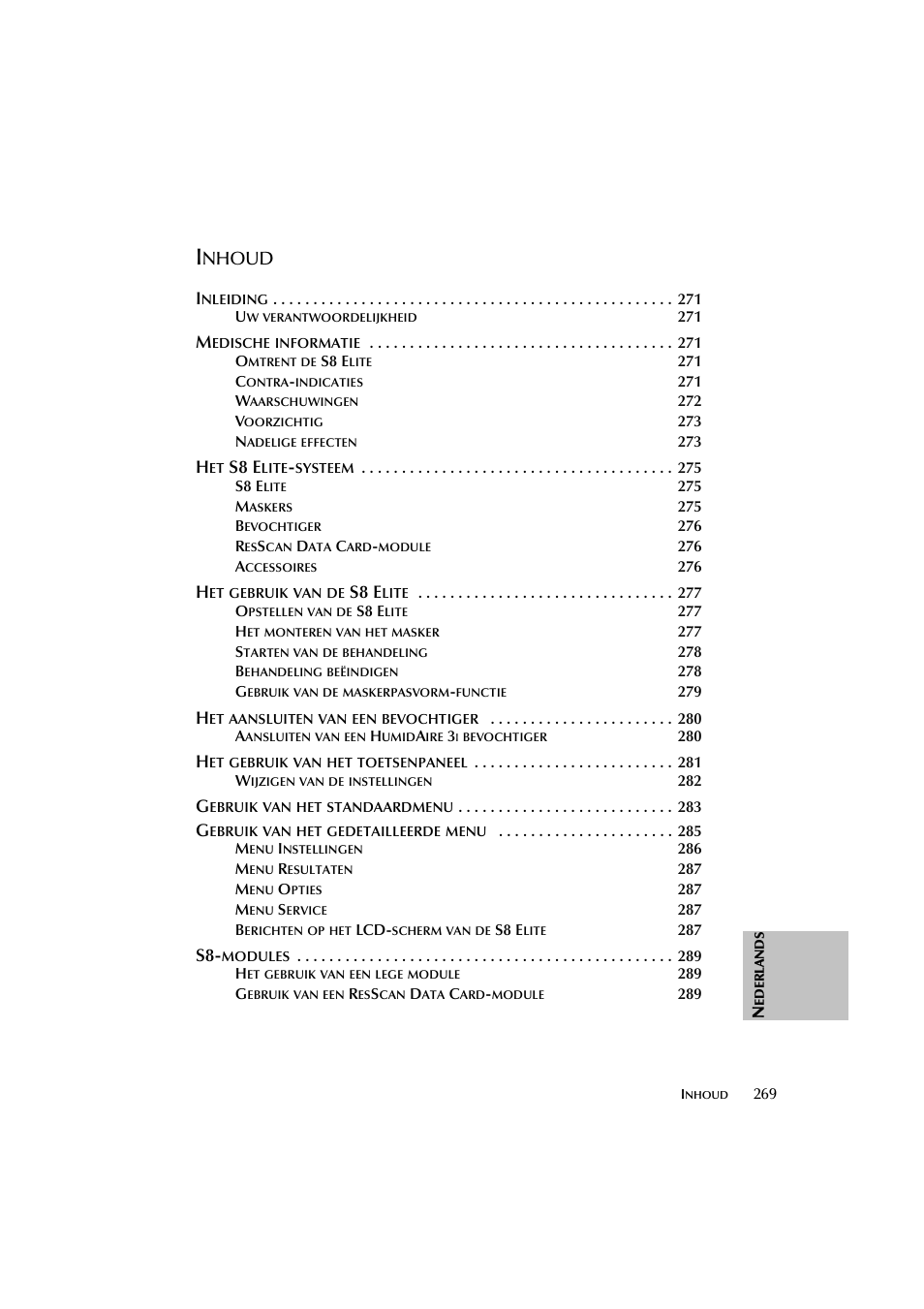 Nhoud, S8 e | ResMed Flow Generator S8 Elite System User Manual | Page 273 / 314
