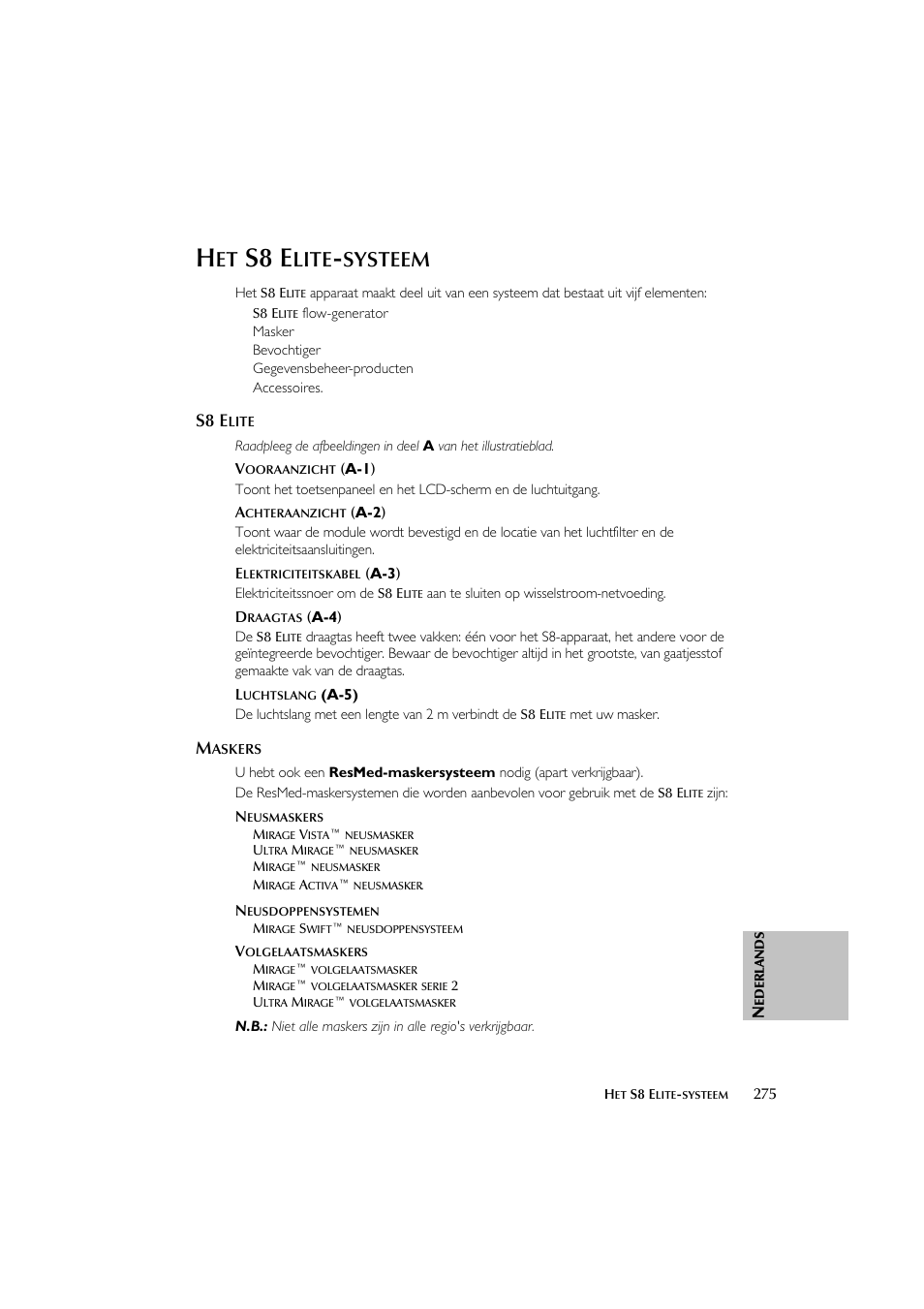 S8 e, Lite, Systeem | ResMed Flow Generator S8 Elite System User Manual | Page 279 / 314