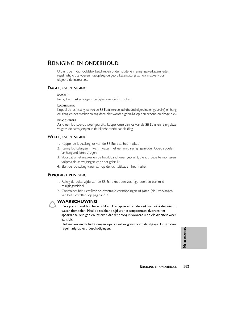Einiging, Onderhoud | ResMed Flow Generator S8 Elite System User Manual | Page 297 / 314