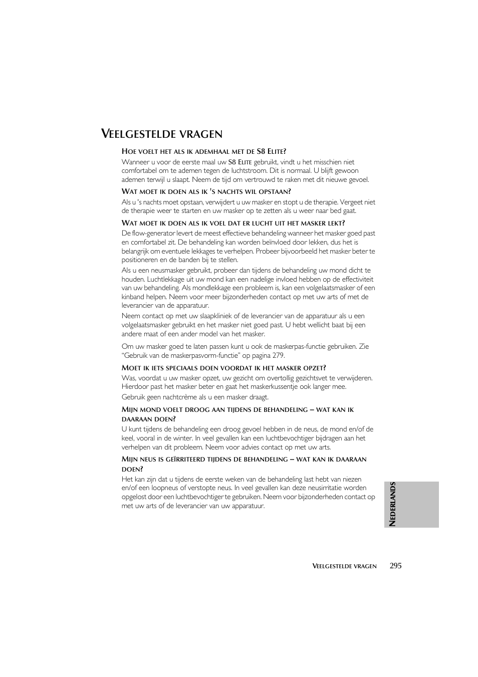 Eelgestelde, Vragen | ResMed Flow Generator S8 Elite System User Manual | Page 299 / 314