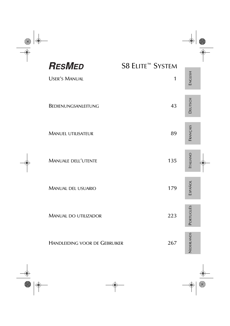 S8 e, Lite, Ystem | 89 b, 43 m, 179 m, 223 h | ResMed Flow Generator S8 Elite System User Manual | Page 3 / 314