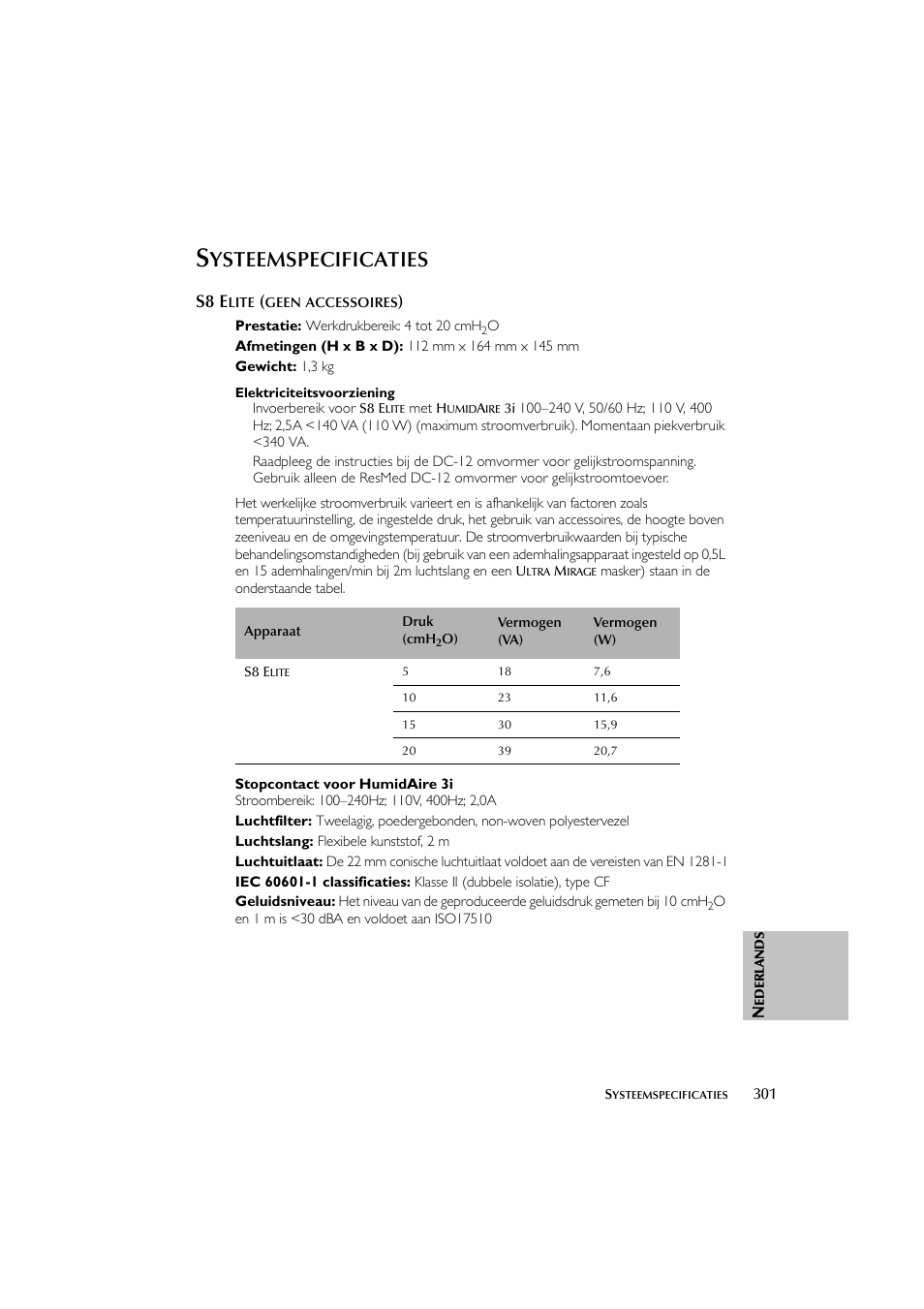 Ysteemspecificaties, S8 e | ResMed Flow Generator S8 Elite System User Manual | Page 305 / 314