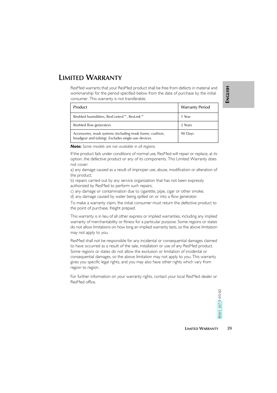Imited, Arranty | ResMed Flow Generator S8 Elite System User Manual | Page 43 / 314