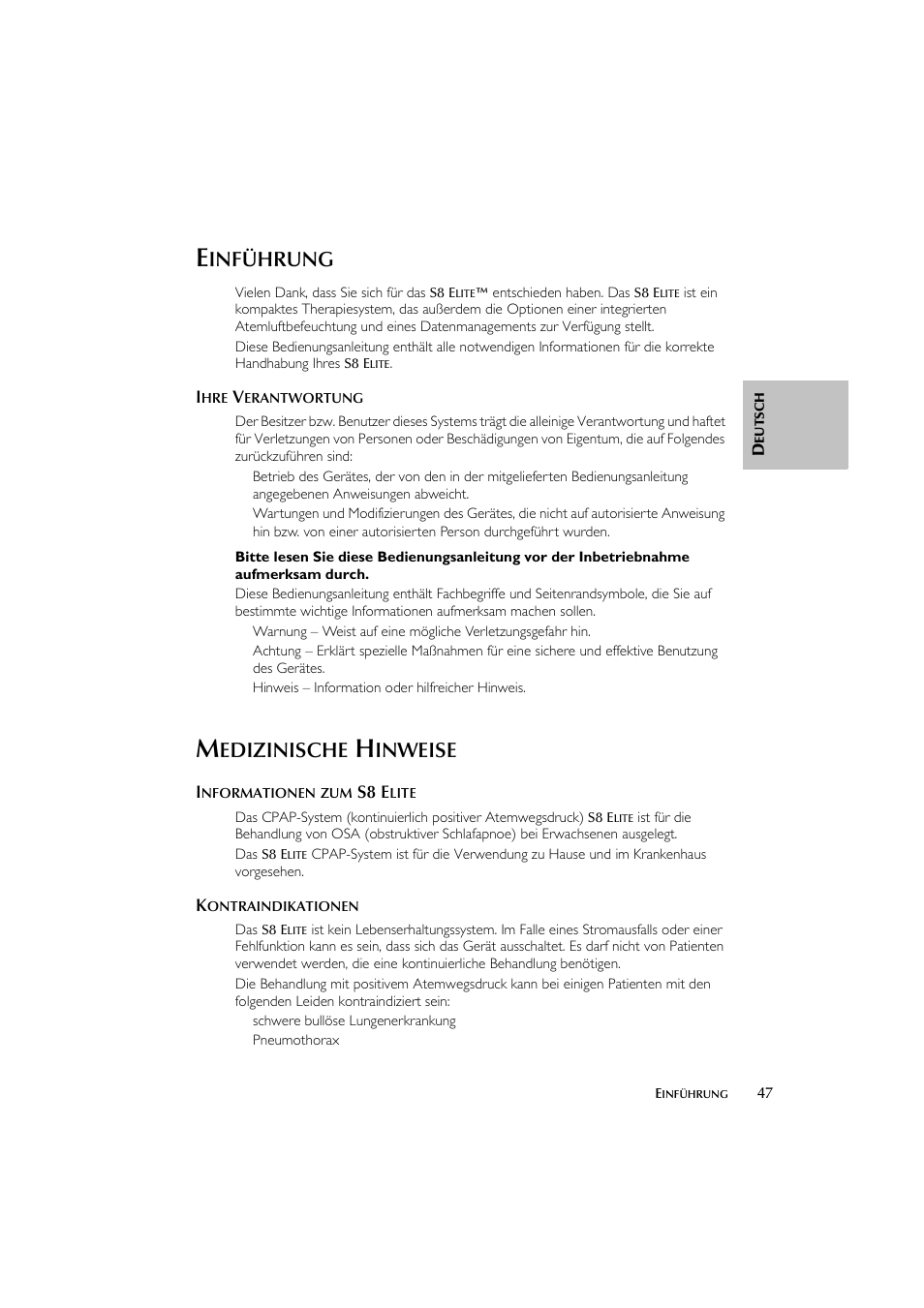 Inführung, Edizinische, Inweise | ResMed Flow Generator S8 Elite System User Manual | Page 51 / 314
