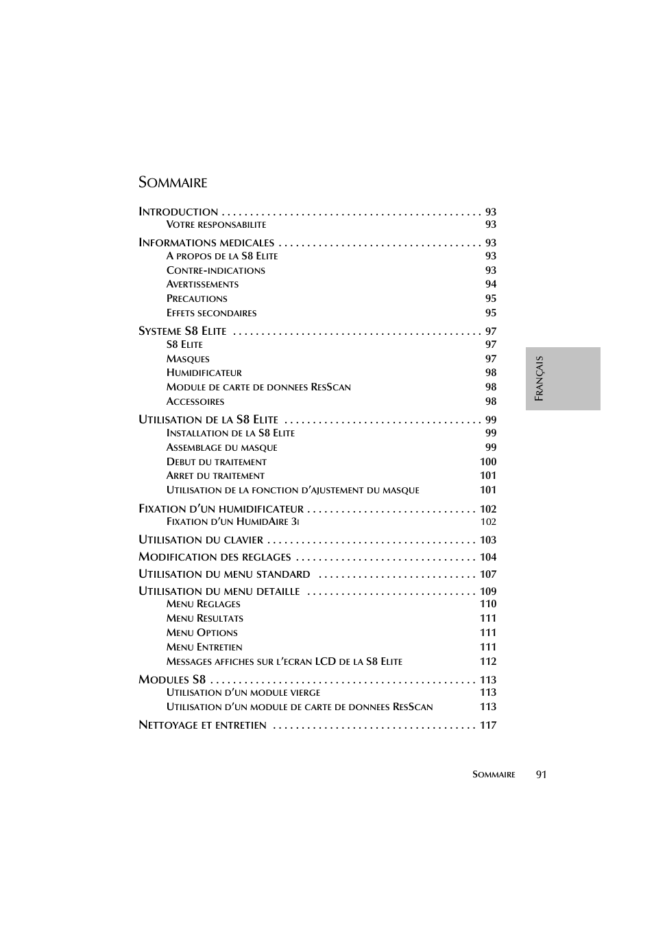 Ommaire, S8 e | ResMed Flow Generator S8 Elite System User Manual | Page 95 / 314