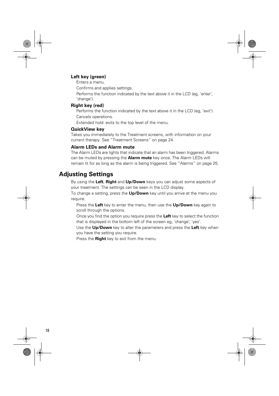 Left key (green), Right key (red), Quickview key | Alarm leds and alarm mute, Adjusting settings | ResMed Flow Generator VPAP Adapt SV User Manual | Page 18 / 42