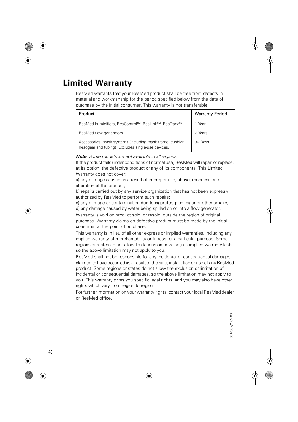 Limited warranty | ResMed Flow Generator VPAP Adapt SV User Manual | Page 40 / 42