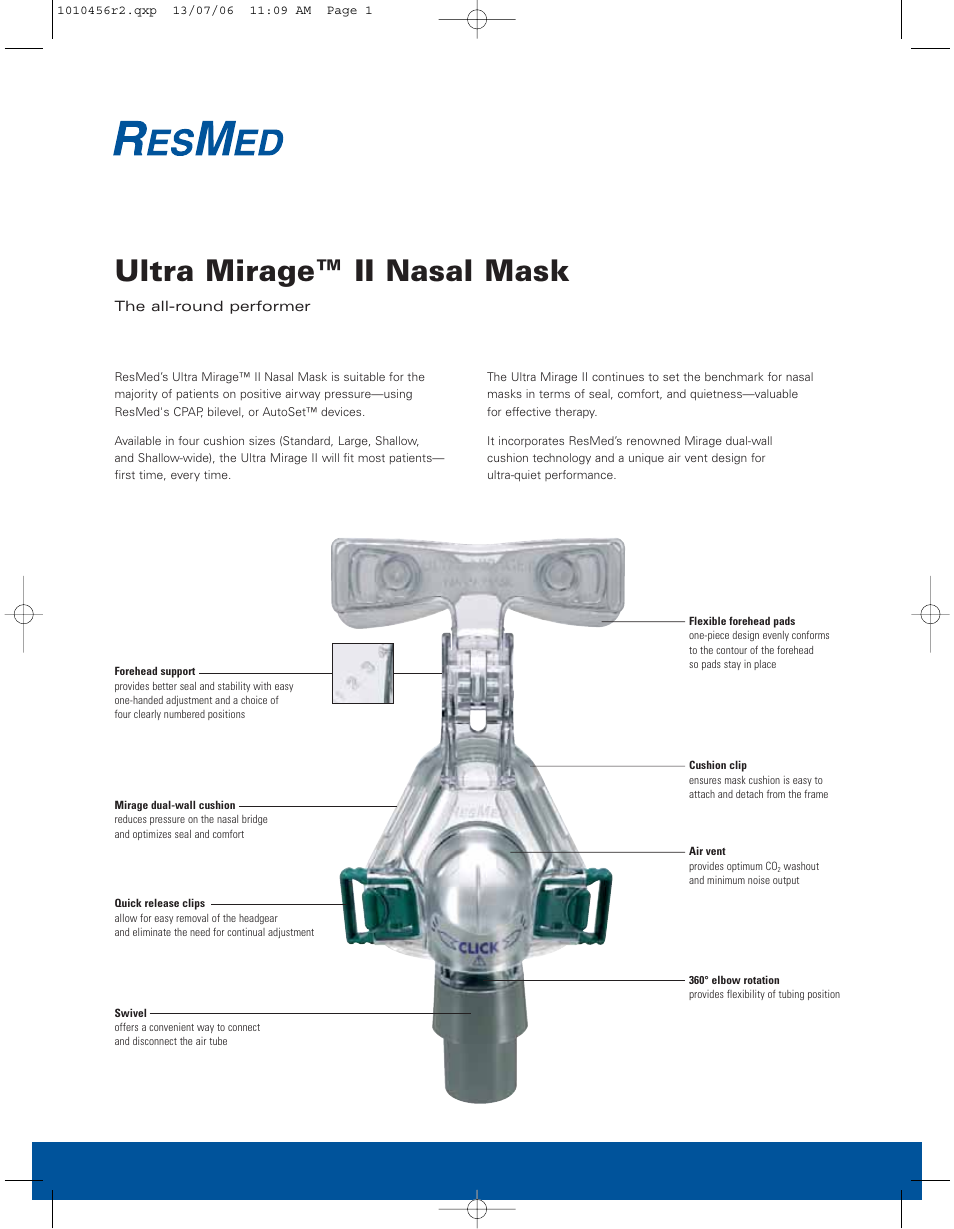 ResMed Nasal Mask Ultra Mirage II User Manual | 2 pages